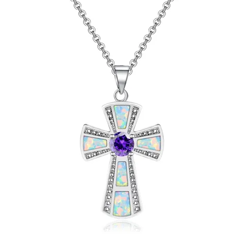 Europe and the United States Light Luxury Cross Opal Necklace Small Collarbone Chain - Stainless Steel jewelry made by BlueOne Jewelry