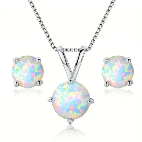 Korean Version of the Opal Jewelry Set Four Claws Earrings Necklace - Plated Brass jewelry made by BlueOne Jewelry