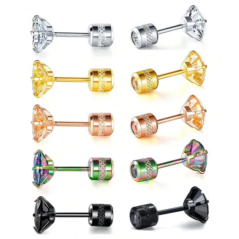 Double Head Drilling Zirconia Earrings Stainless Steel Threaded Inner Teeth Patterned - Stainless Steel jewelry made by BlueOne Jewelry