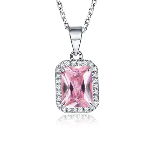 Elegant Temperament Square Pendant Necklace Women’s Pink Zirconia Cut Pendant Necklace - Plated Brass jewelry made by BlueOne Jewelry
