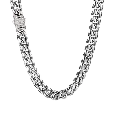 Europe and the United States Zirconium Stone Spring Buckle Titanium Steel Cuban Link Necklace - Stainless Steel jewelry made by BlueOne Jewelry