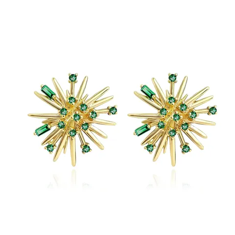 Europe and the United States Exaggerated Flower Earrings Fireworks Shape Emerald - Plated Brass jewelry made by BlueOne Jewelry