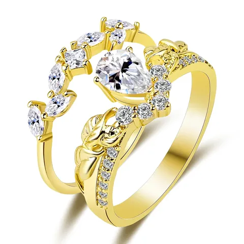 Europe and the United States Exquisite Double Ring Teardrop-shaped White Stone - Plated Brass jewelry made by BlueOne Jewelry