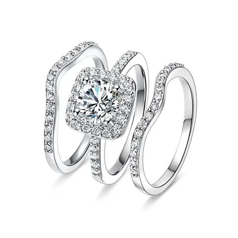 Europe and the United States Jewelry White Gold Square Zirconia Three-piece Stacking Ring Set - Plated Brass jewelry made by BlueOne Jewelry
