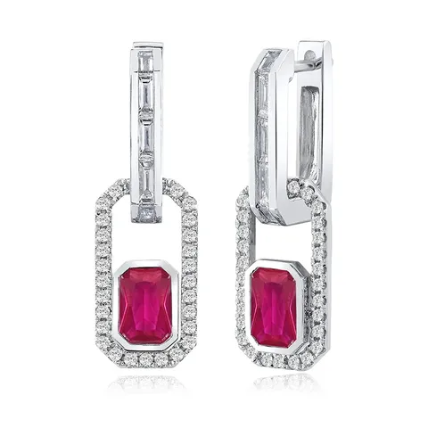 Europe and the United States Style Flat Rectangular Red Zirconia Earrings - Plated Brass jewelry made by BlueOne Jewelry