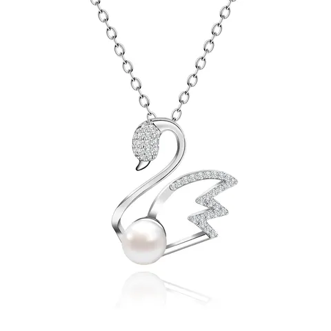 Fashion Swan Necklace Natural Pearl Pendant Shell Beads Necklace Positive Round Collarbone Chain - 925 Sterling Silver jewelry made by BlueOne Jewelry