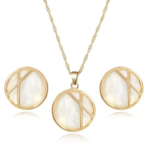 Natural Stone French Vintage Niche Design Floral Shell Round Plaque Pendant Necklace Titanium Jewelry Set - Stainless Steel jewelry made by BlueOne Jewelry