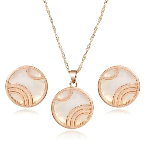 Natural Stone French Vintage Niche Design Flower Shell Round Plaque Pendant Necklace Titanium Jewelry Set - Stainless Steel jewelry made by BlueOne Jewelry
