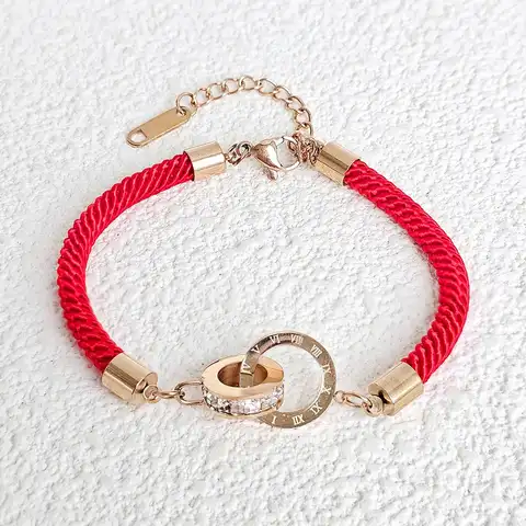 Joyful Braided Red Rope Roman Numerals Double Ring Bracelet Lucky Hundreds - Plated Brass jewelry made by BlueOne Jewelry
