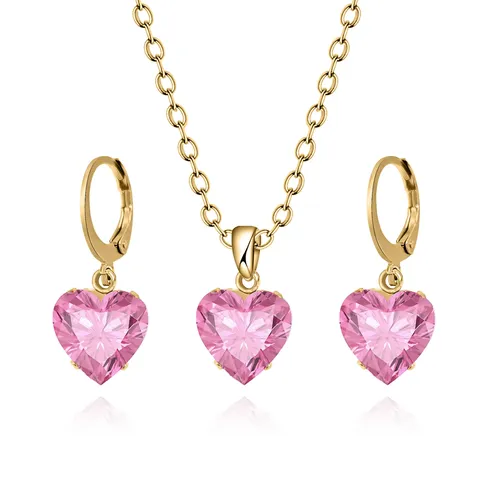 Korean Version of the Pink Heart Set Zirconia Pendant Earrings Simple - Plated Brass jewelry made by BlueOne Jewelry