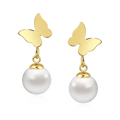 Chinese Style Butterfly Pearl Pendant Earrings - Plated Brass jewelry made by BlueOne Jewelry