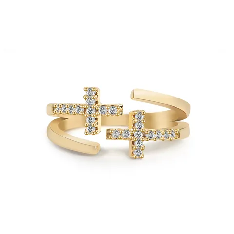 Korean Temperament Micro-set Zirconia Hollow Double Cross Open Ring Joint Ring - Plated Brass jewelry made by BlueOne Jewelry