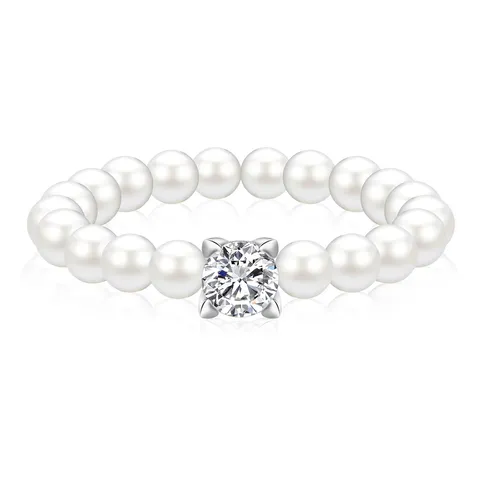 Cubic Zirconia Niche Exquisite Zirconia Pearl Stretch Ring Luxury French Elegance Women’s Ring - Plated Brass jewelry made by BlueOne Jewelry