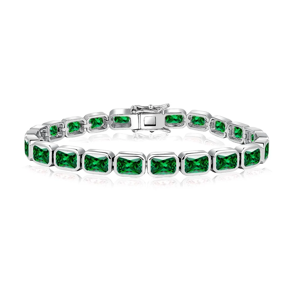 Green stone and cubic zirconia tennis bracelet on a white background