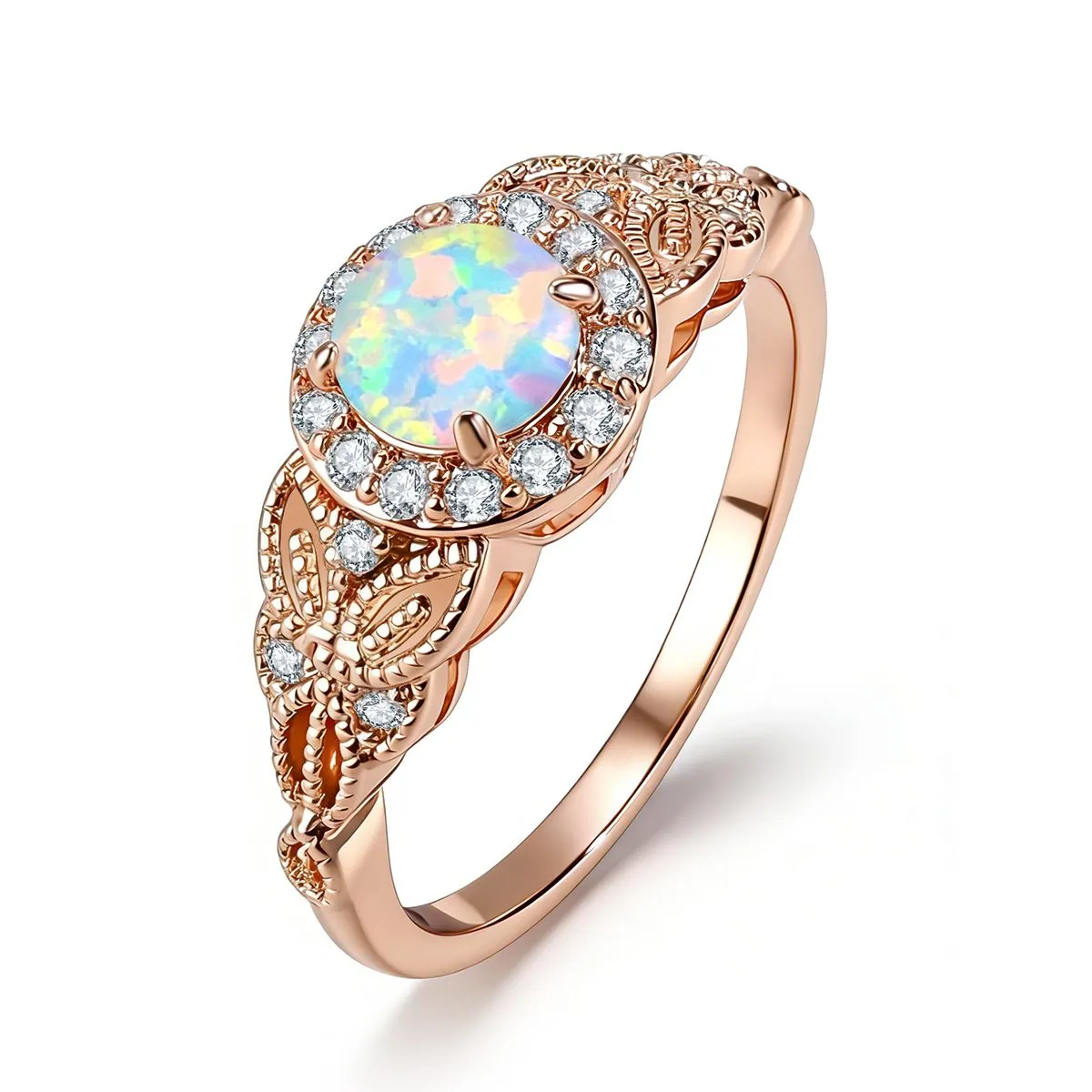 Rose gold plated opal ring with cubic zirconia shoulders