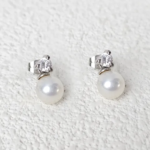 Senior Simplicity Light Gray Glass Pearls Micro-zirconia 925 Silver Needle with Stud Earrings - 925 Sterling Silver jewelry made by BlueOne Jewelry