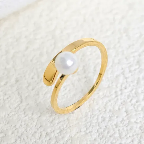 Simple Pearl Open Ring Plated 18K Gold Niche Ambience Index Finger - Stainless Steel jewelry made by BlueOne Jewelry