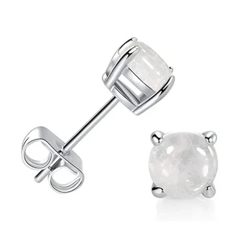Sterling Silver Moonstone Solitaire Stud Earrings for Women - 925 Sterling Silver jewelry made by BlueOne Jewelry