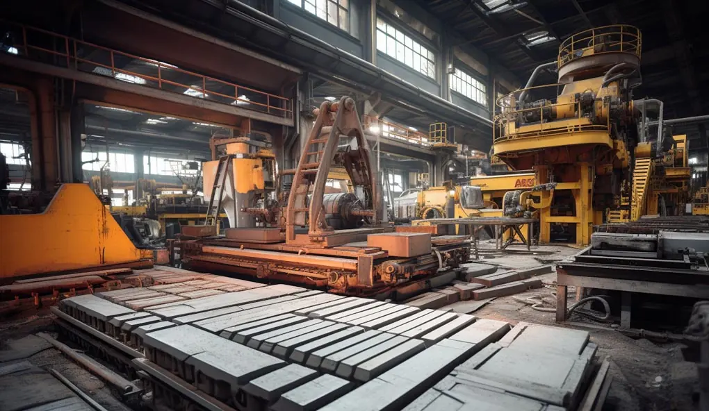 Heavy machinery workshop with motor driven production equipment