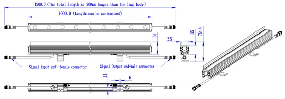 Maßzeichnung, Anschlussdiagramm oder Anwendungsfoto der 18W 24W LED-Wandfluterlampen