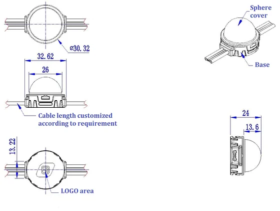 30mm DMX512 Pixel Light dimension drawing, connection diagram or application photo