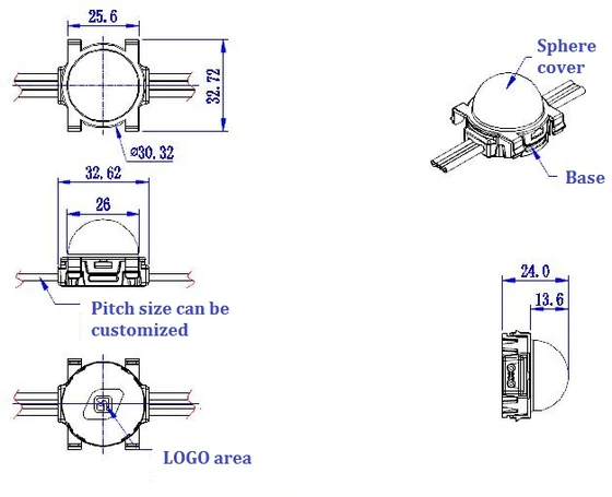 30mm DMX512 Pixel Light dimension drawing, connection diagram or application photo