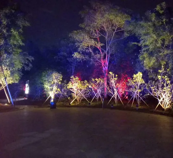 Estacione árvores e plantações iluminadas em cores com holofotes LED externos