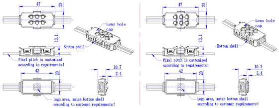 V020 LED DMX Pixel Light dimension drawing, connection diagram or application photo
