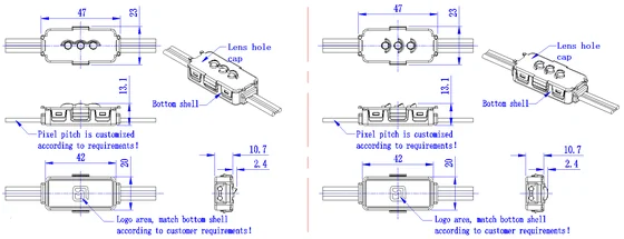 V020 LED DMX Pixel Light dimension drawing, connection diagram or application photo