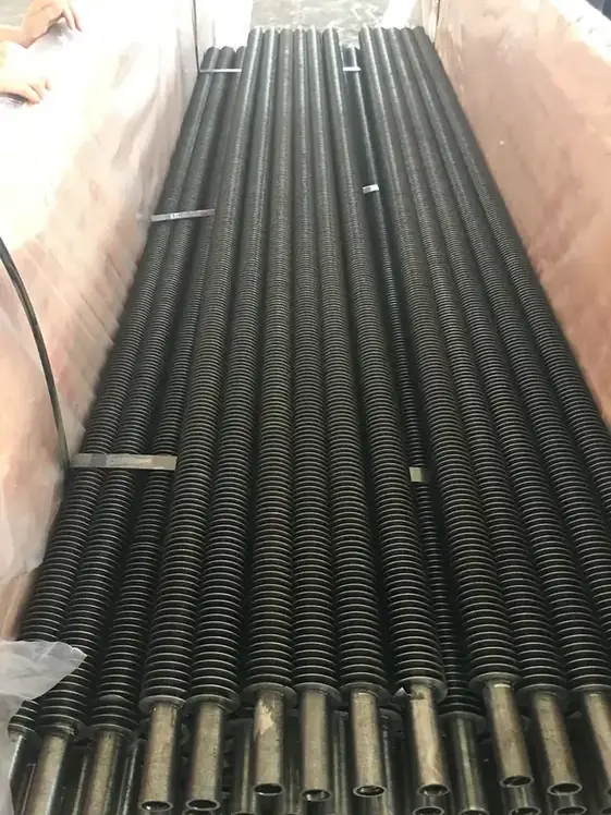 Spiral finned tubes stacked after welding