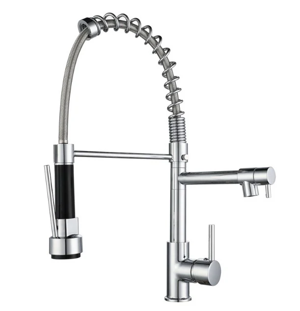 Spring arm kitchen faucet with a black hose sleeve and a side spout