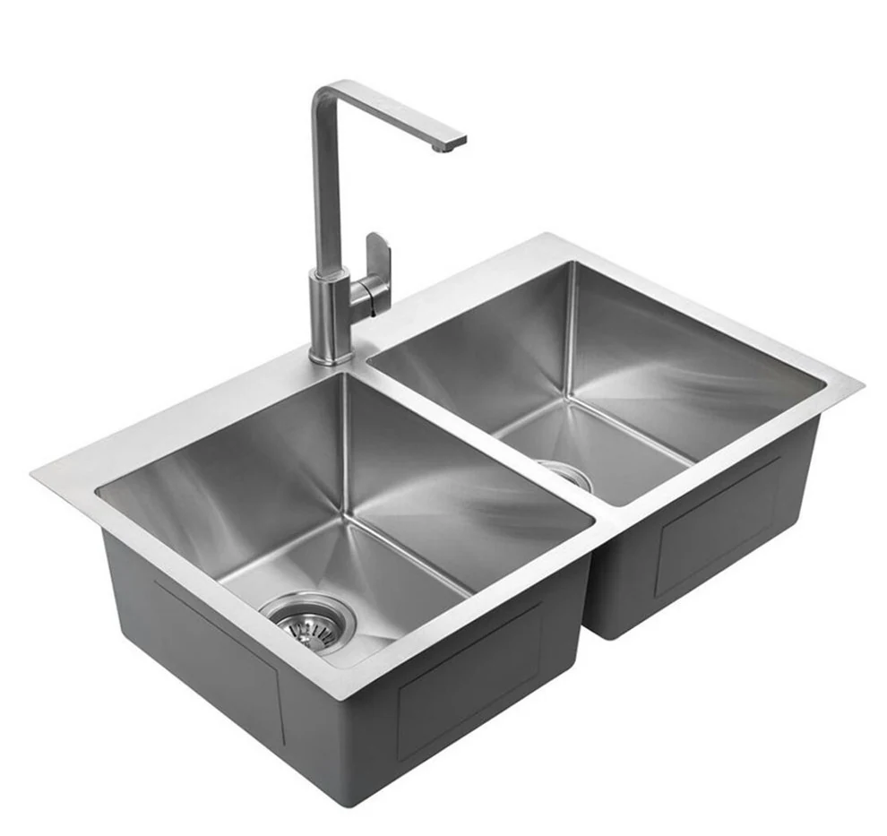 Double bowl stainless steel sink with a tall single lever mixer tap