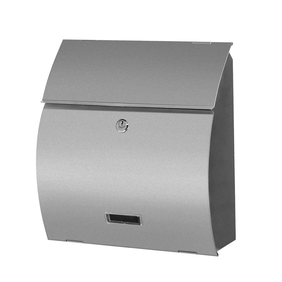 Stainless steel post box with a curved hood and a front slot
