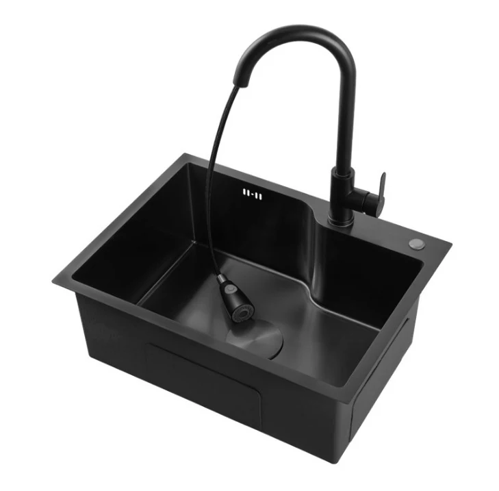 Black nano finish single bowl sink with a matching black pull-down mixer