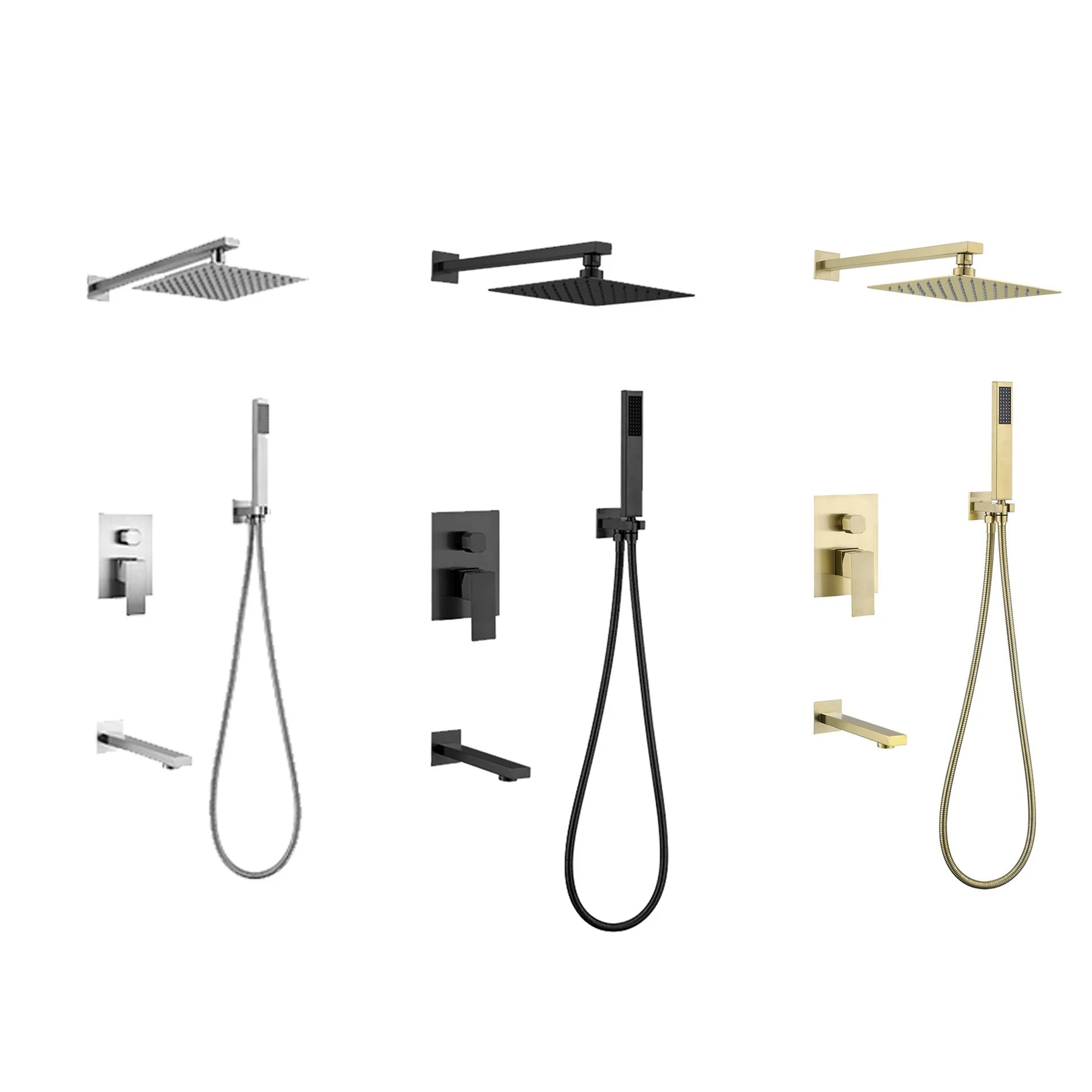 Concealed shower and bath mixer sets in chrome, black and brushed gold