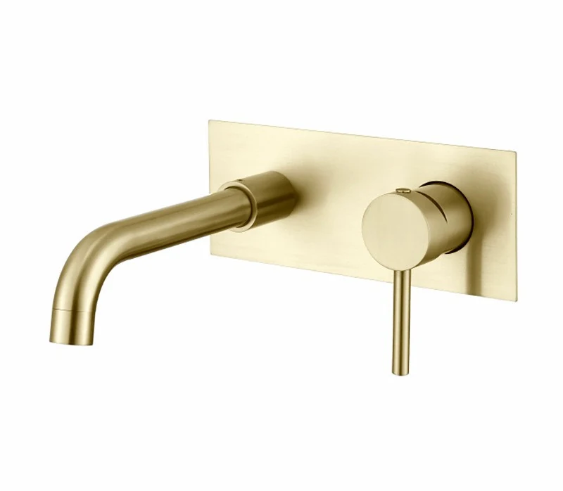 Brushed gold wall mounted basin mixer on a single backplate