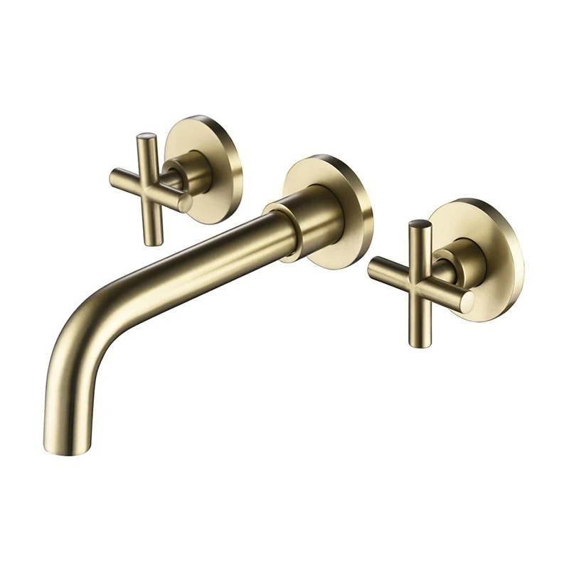 Brushed gold three hole wall mounted basin mixer with cross handles