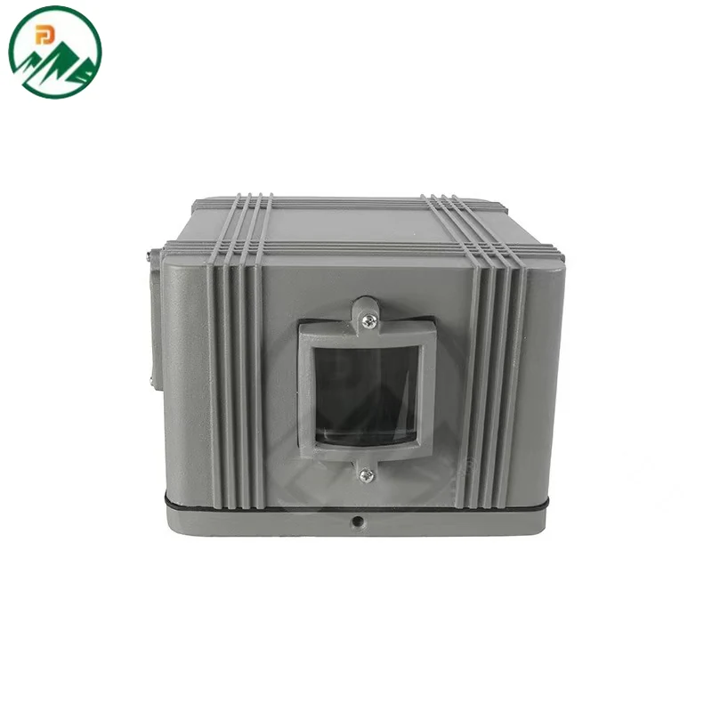 Front view of the LED point light showing the aluminium body and uniform light distribution