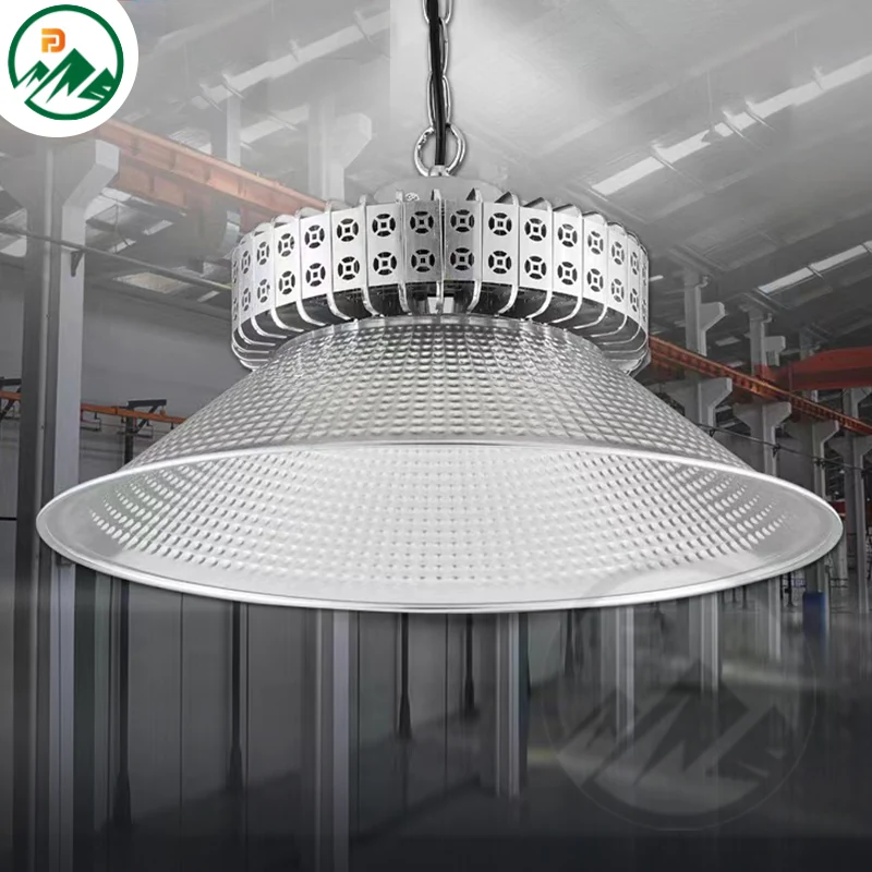 High bay luminaire mounted on a high ceiling in a factory hall