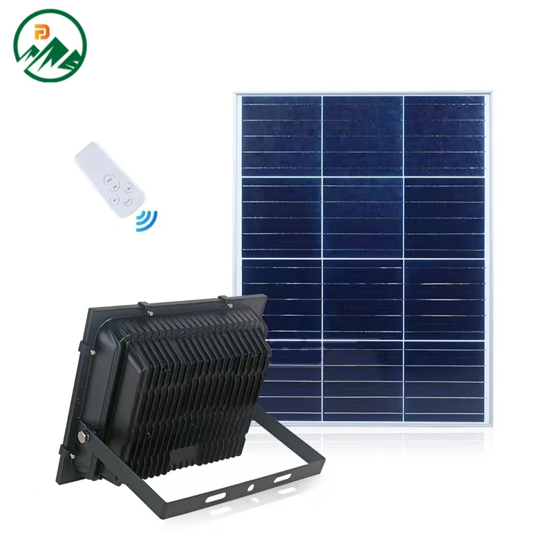 Front view of the solar flood light showing the LED array and solar panel