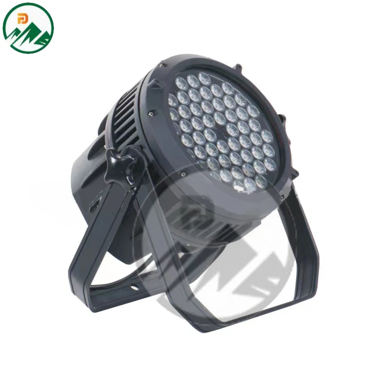 Mounted stage flood light illuminating a building facade with dynamic RGB lighting