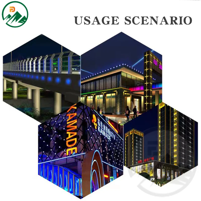 Fixture in use at night showing dynamic RGB colour change on a building facade