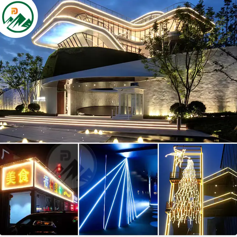 LED neon strip used in a facade linear lighting application at night