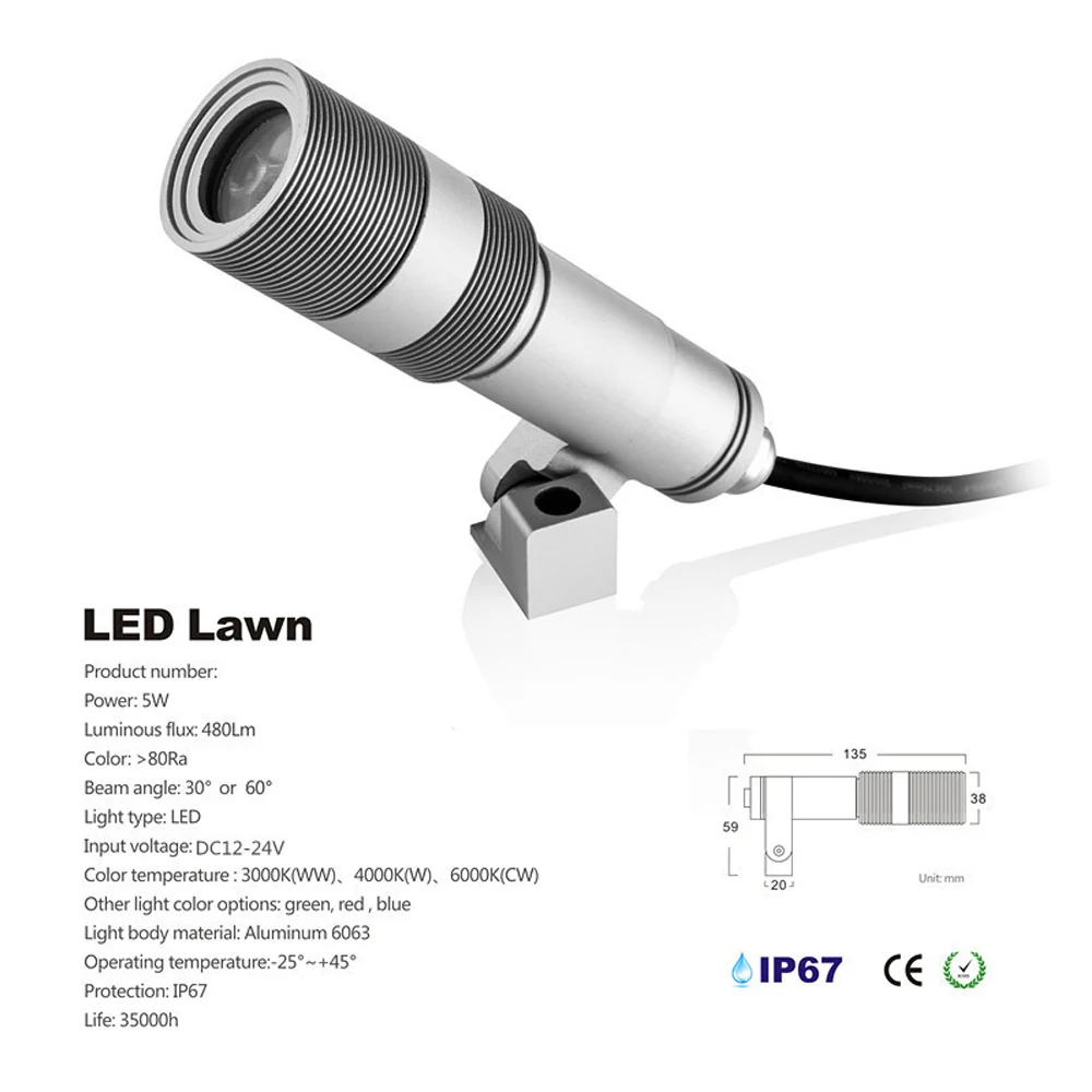 LED spike light installed in garden soil with 30° beam angle pointing at a plant