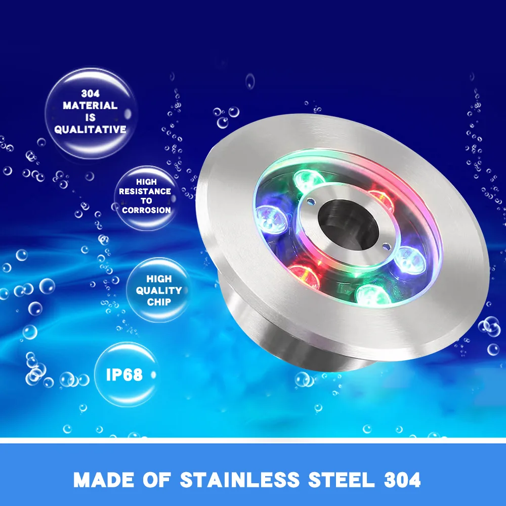 Underwater LED fountain light with stainless steel 304 body and tempered glass lens