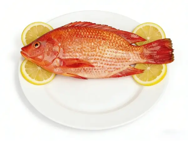 Ganzer roter Tilapia, plattiert mit Zitronenscheiben und leuchtend roter Schale