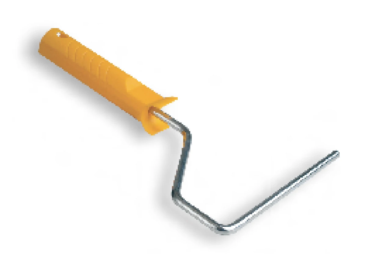 Paint roller frame with orange plastic grip and bent metal wire frame