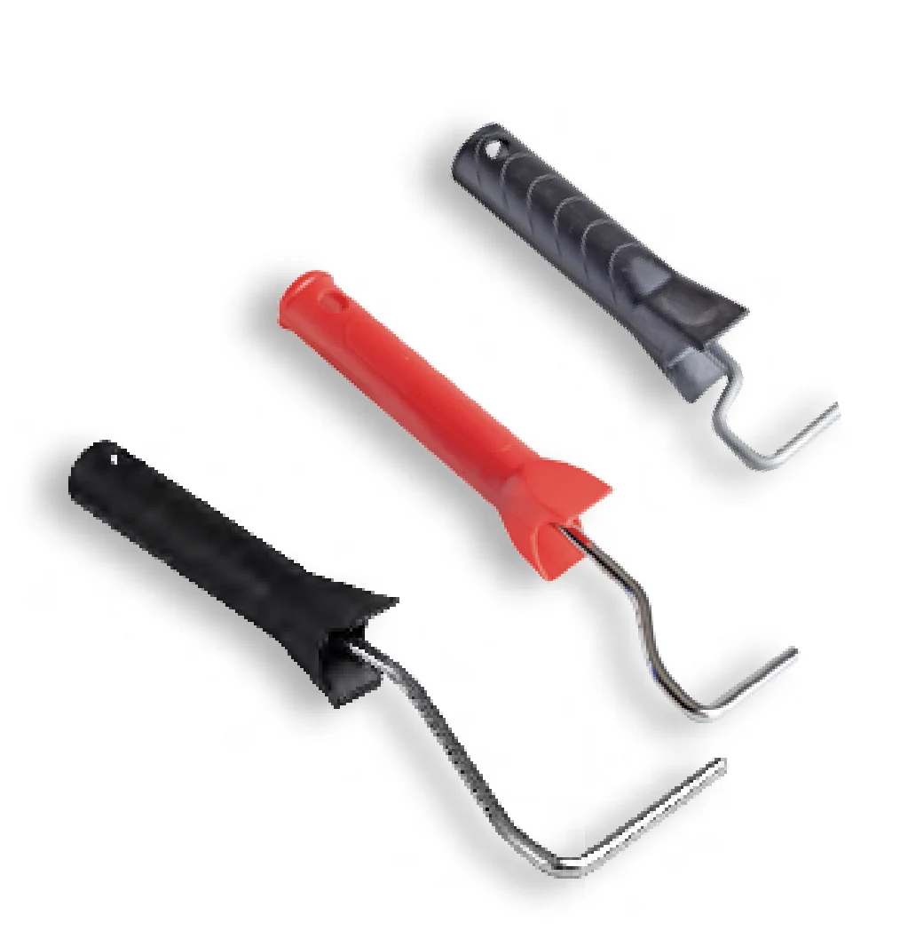 Three bent wire roller frames showing black, red and dark grey plastic grips without covers