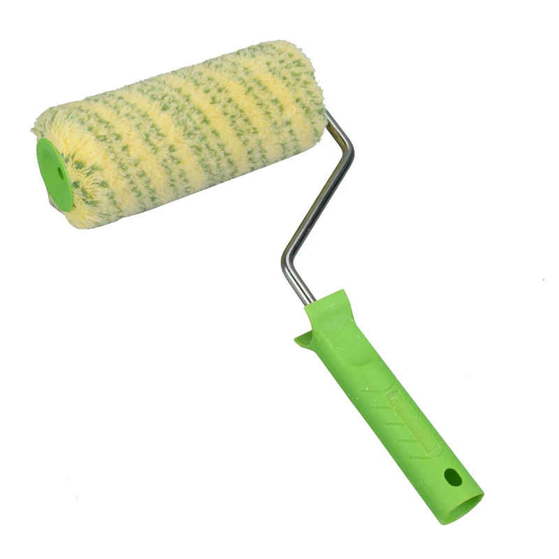 Paint roller with yellow striped fabric cover and green plastic handle on a white background