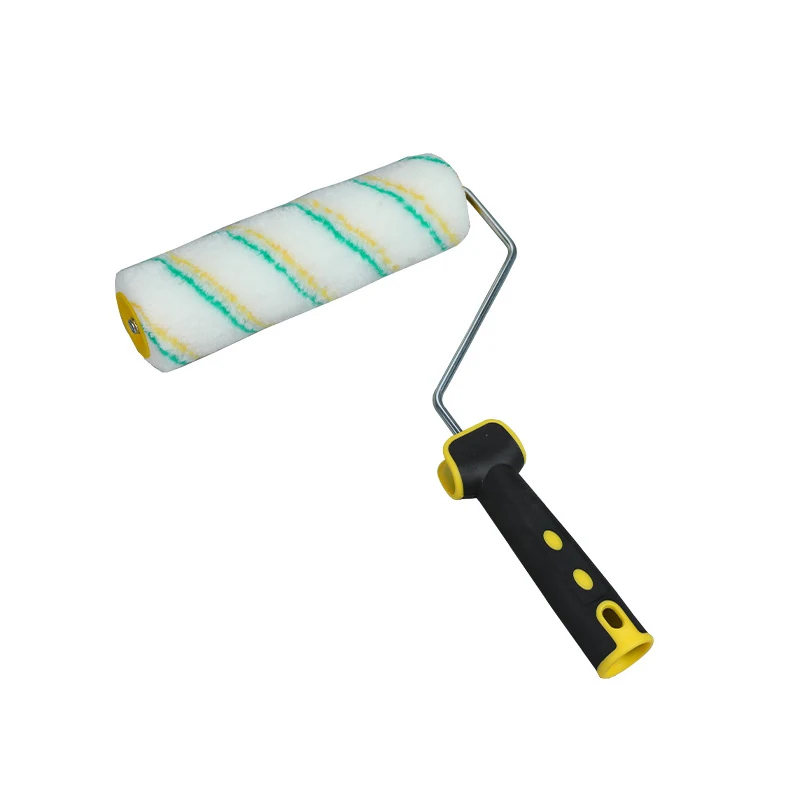 Paint roller with white striped fabric sleeve and black handle with yellow accents on white background